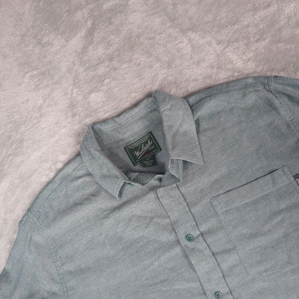 Woolrich Mens Large Green Herringbone Organic Cotton Long Sleeve Button Shirt L